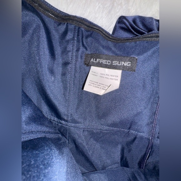 NWOT ALFRED SUNG Strapless Satin A-Line with pockets midnight blue sz 18 Gown - Picture 3 of 7